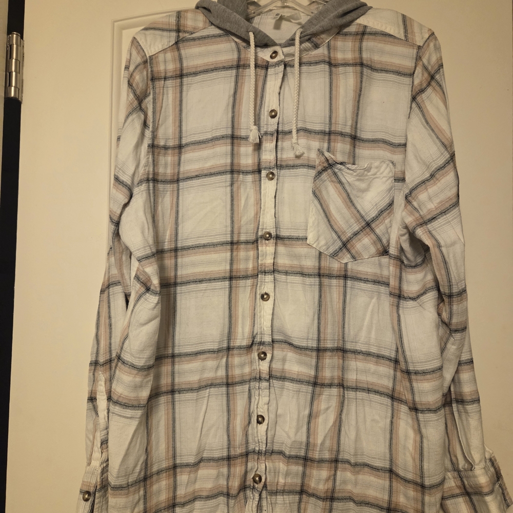 Mudd Plaid Button Down Shirt with Hood - Cream, Grey, Tan